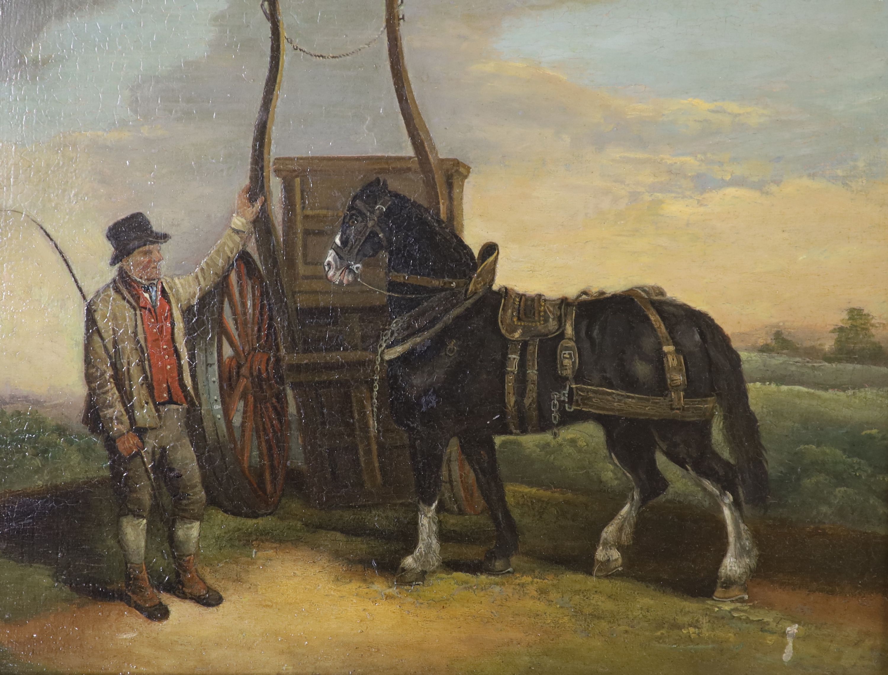 19th century English School, oil on panel, Carter and horse, 36 x 49cm